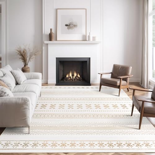 Auemtyn 8x10 Washable Area Rug, Boho Moroccan Low Pile Non-Slip Indoor Floor Carpet for Living Room Bedroom Dining Nursery Farmhouse - Beige & White