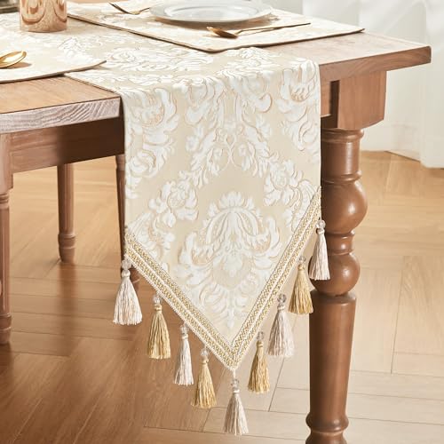 Loom and Mill Elegant Jacquard Table Runner 108 inches Long, Luxury Floral Table Runners with Handmade Multi-Tassels for Dining Room Dresser Party Holiday Banquet Decoration (Beige+White,13x108 inch) by Loom and Mill - Image 6