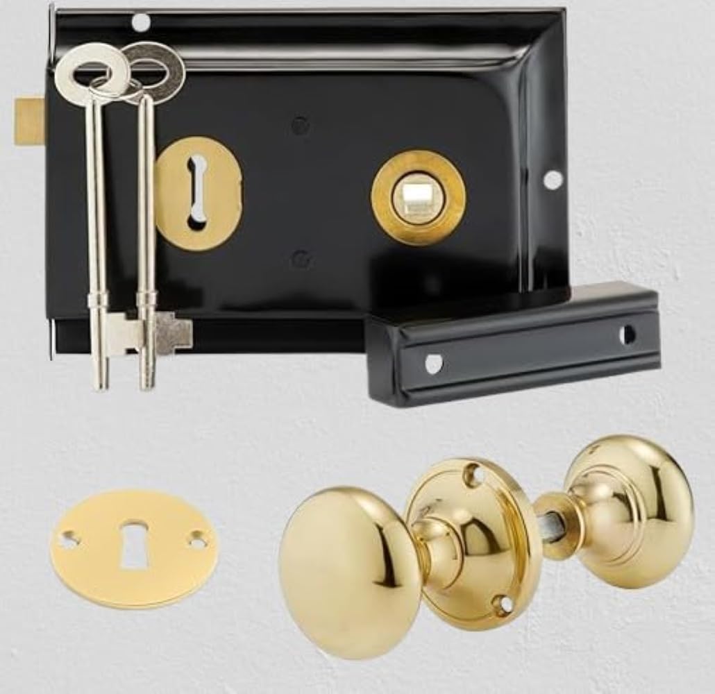Euroart Black/Brass Deluxe 6;X4 Rim Lock Set With Polished Knob,Surfac Mounted Door Lock With Latch, Shed Lock With Key, Vintage Gate Lock For Outdoor Sheds, Gates, Or Doors. ()