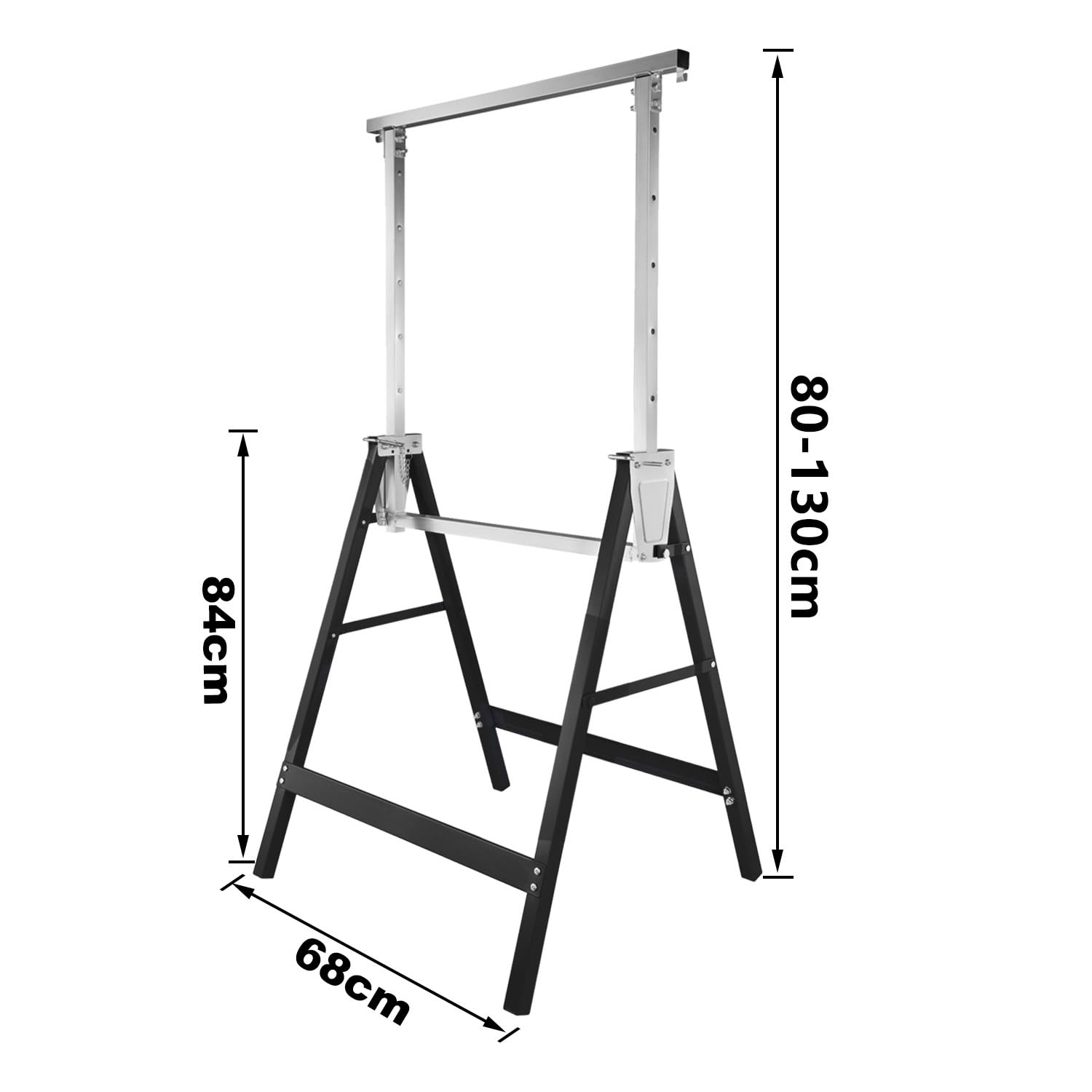 Cavalletto da lavoro, set da 4 cavalletti pieghevoli, regolabile in 7 posizioni, altezza di lavoro variabile 81-130 cm, rivestimento in plastica antigraffio nero.