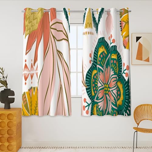 Image of Tyrot Boho Floral Grommet Blackout Curtains, 52W x 45L, 2 Panels | Botanical, Thermal Insulated, Heat Blocking Privacy, Short Window Drapes for Kitchen, Bathroom, and Basement