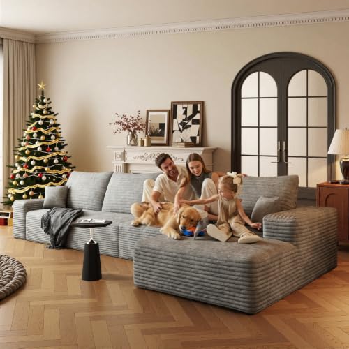 Image of Boneless Couch, Modular Sectional Couches for Living Room, U-Shaped Cloud Couch Sofa with Deep Seat, Fluffy Corduroy Upholstered Corner Sofa