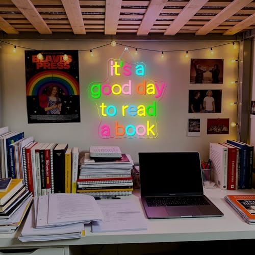 Image of Book Neon Sign for Classroom, Bedroom Reading Wall Sign LED Neon Light for Book Lovers USB Powered Dimmable Reading Nook Decor with Colorful Glow It's a Good Day to Read a Book