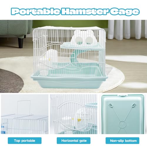 Image of 2-Tier Portable Hamster Cage and Habitats,Travel Metal Mouse Cages with Free Water Bottle,Houses and Exercise Wheel for Any Breed of Hamster and Small Animal (14.6x11.0x11.8inch Light Blue)