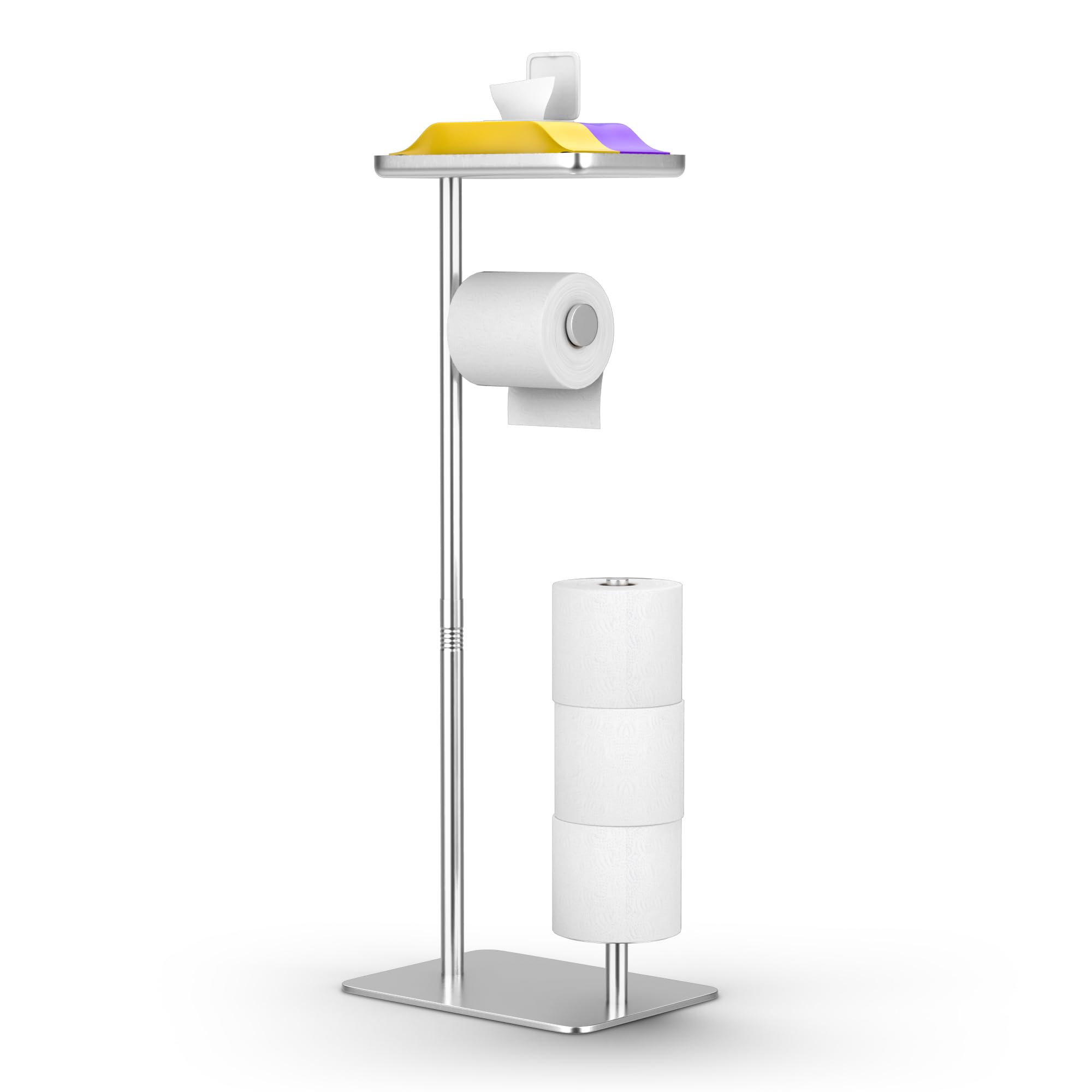 Day Moon™ Brushed Nickel Toilet Paper Holder Free Standing Toilet Paper Holder with Storage - Toilet Paper Stand and Tissue Holder for Bathroom - Toilet Paper Holder with Shelf and Wipe Holder