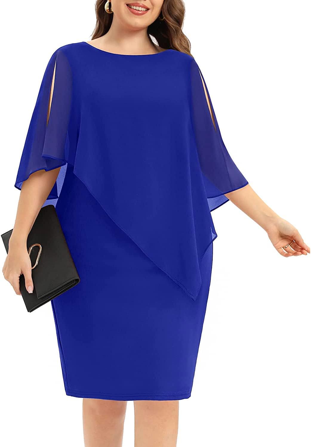 Pinup FashionWomen's Cape Dress with Chiffon Overlay Sleeveless Round Neck Bodycon Pencil Dress