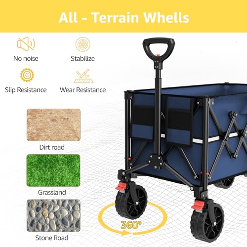 Image of ROSONG Collapsible Wagon Cart with Wheels Foldable - Folding Utility Heavy Duty Wagons Carts for Grocery Sports Garden Shopping Camping Wheelbarrows (Navy Blue, 150L)