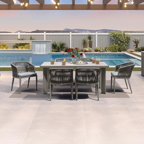 Image of PURPLE LEAF Outdoor Dining Set for 6 with Sunbrella Cushion Armchairs Grey
