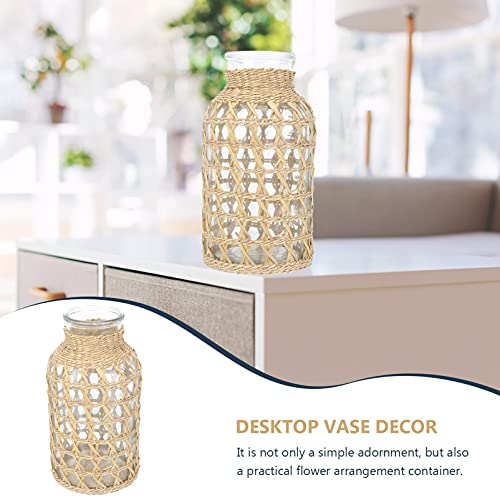 Doitool Glass Rattan Woven Vase, 7.8Inch Height Farmhouse Decorative Glass Flower Vase With Rattan Cover, Natural Imitation Wicker Vase For Centerpieces, Home Decor, Living Room, Office #TOP1