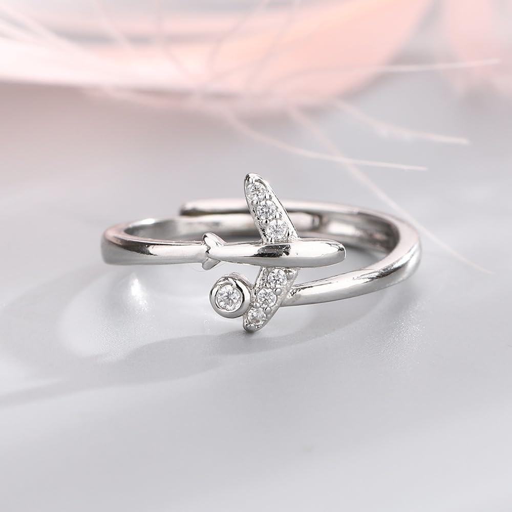 Cute Plane Open Rings Sterling Silver Plated Adjustable Cubic Zirconia Crystal Dainty Finger Band Rings Open Aircraft Jewelry Promise Engagement for Women Valentine's Day Daughter Girlfriend Gift