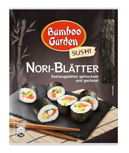 Bamboo Garden - Nori-Blätter Seetangplatten | Zum Zubereiten von Sushi und Onigiri | Getrocknet und geröstet mit würzig-salzigem Geschmack | Vegan | 5 Stück