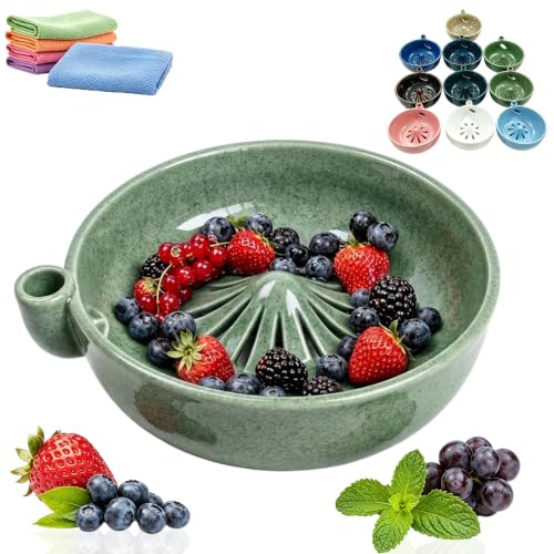 Self Spinning Berry Washing Bowl Ceramic - Vortex Fruit Washer Spinner Bowl with Holes for Strawberries and Blueberries Swirling Berry Cleaning Bowl and Rinsing Colander Fruit Cleaner (Celadon Green)