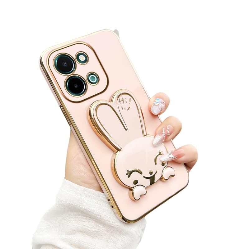 Silicone Case Compatible with Vivo Y28 4G Cover, with Rabbit Folding Holder Luxury Electroplated Soft Anti-Drop for Women Men Protective Shell for