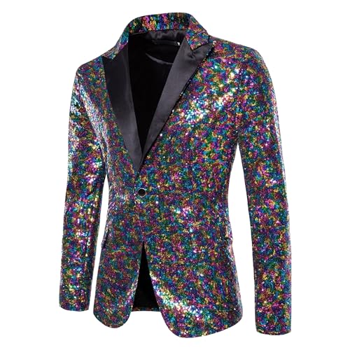 Mens Fashion Shiny Sequins Blazer Colorful Pattern Button Suit Jacket for Party Wedding Banquet Prom (Multicolored,Medium)