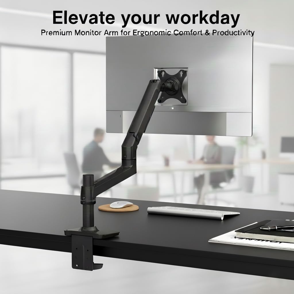 Single Monitor Arm Desk Mount, Holds Screens up to 40 Inches and 25 lbs, Fully Adjustable Vesa Monitor Mount with C-Clamp and Grommet Base, Aluminum, Black
