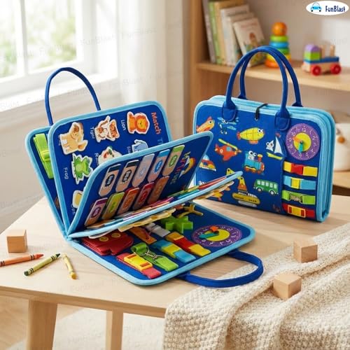Image of FunBlast Busy Book for Toddlers Binder Board - Montessori Busy Board for Kids, Cartoon Design Learning Activity Toy for Toddlers, Educational & Early Learning Toys for Kids, Toddler (Vehicles)