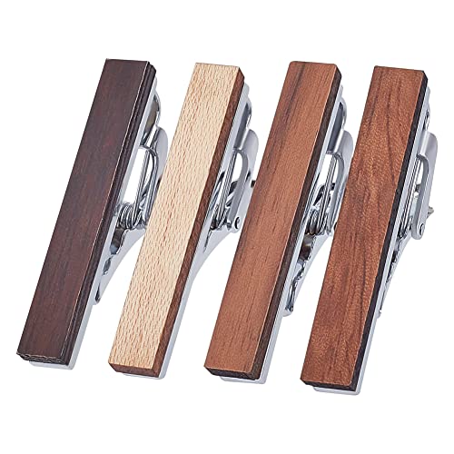 WEBEEDY 4 Pcs Wood Tie Clip for Men Natural Tie Bar Fashion Personalized Wooden Tie Slide for Regular Normal Size Ties Wedding Anniversary Business Gift