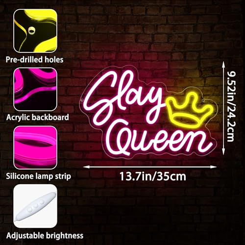Image of Slay Queen Neon Sign for Wall Decor Slay Queen LED Light for She Shed | Dimmable led light, empowering wall decor, bedroom vanity, gift for women, confidence decor, size 13.8*9.5 in