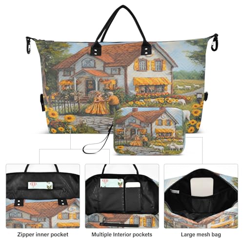 Weekender Bags Travel Duffel Gym Bag Country Cottage Carry on Overnight Tote Bag with Toiletry Bag for Airplane Travel Trip Gym Yoga2
