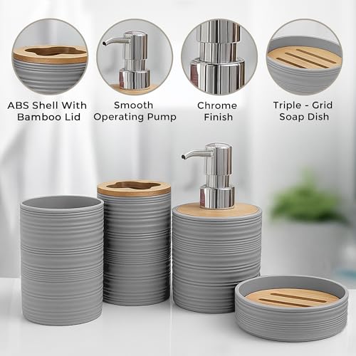 Image of Story@Home 4 Pieces Bathroom Accessories Set - Grey | Toothbrush Holder, Soap Dispenser, Mouth Wash Cup & Soap Dish for Home Kitchen & Bathroom | Bathroom Essentials for Office