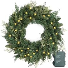 Christmas Wreath Pre-lit 24 inch with 50 Led & Cupressus Tips, Battery Operated Artificial Christmas Wreaths for Front Door with Timer Lights, Wreath for Christmas Decoration Door Windows Wall Green