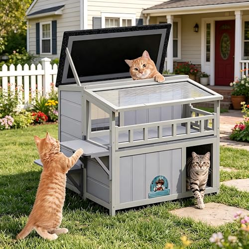 2-Tier Wooden Cat House with Balcony