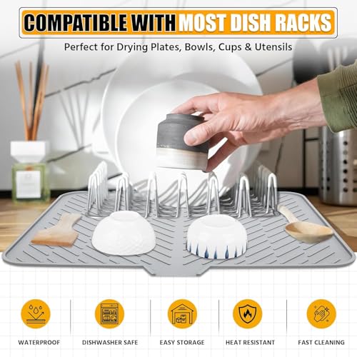 Image of HROY Silicone Dish Drying Mat for Kitchen - Built-in Drain Lip | Hygienic Drying Pad - Sturdy Compact Easy to Clean Tray Protects Surfaces Prevents Water Build Up (50 * 40 cm)