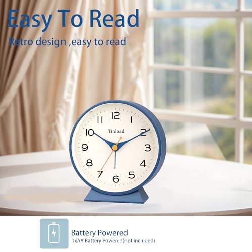 Image of Tinload 4.5 inch Battery Operated Retro Analog Alarm Clock, Small Silent Bedside Desk Clock,Lighted on Demand, Battery Operated, Snooze, for Living Room, Bedroom, Bedside, Desk(Blue)