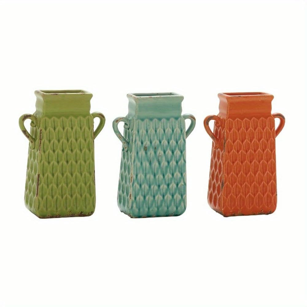 Vasi in Ceramica Multicolore Larghi 7" e Alti 10" con Manici, Set da 3