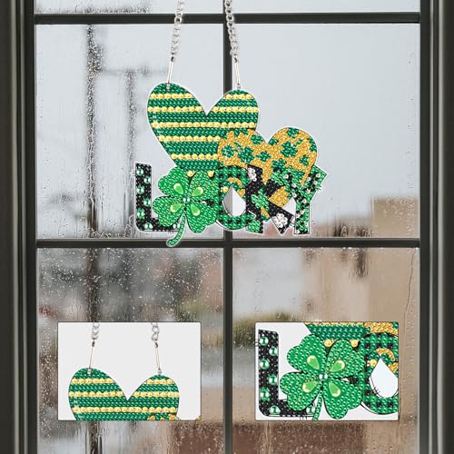 Image of DIY Diamond Painting Hanging Ornament - St. Patrick's Day Lucky Sign with Shamrock and Hearts, 5D Green Rhinestone Craft for Wall Door Festival Decor