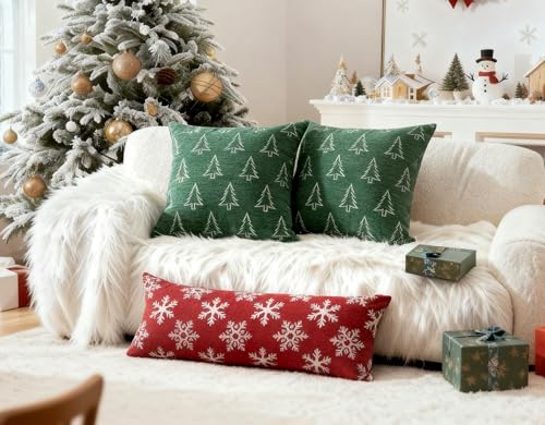 Image of Soft Chenille Christmas Pillow Covers 18x18 Set of 2, Reversible Snowflake & Tree Pattern, Thick & Cozy Farmhouse Holiday Cushion Cases with Hidden Zipper for Sofa Couch Bed(Green,18x18)