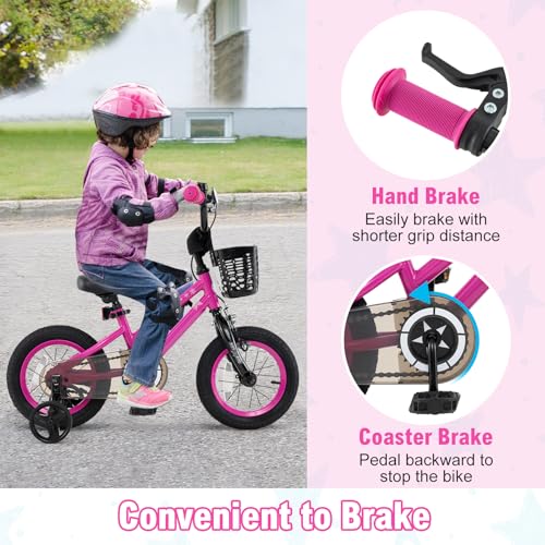 Image of BABY JOY Starry Kids Bike, 12 14 16 18 Inch Bicycle with Training Wheels, Storage Basket, Adjustable Handlebar & Seat, Handbrake & Coaster Brake, Girls Boys Bike