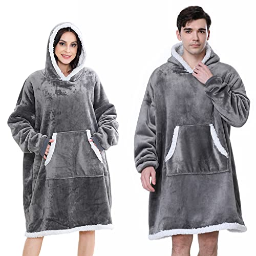 Übergroße Sherpa-Hoodie-Decke, ultraweich, warm, gemütlich, Pullover, tragbarer Hoodie, Sweatshirt, Decke mit großer Tasche, Einheitsgröße, für Damen, Herren, Mädchen, Jungen, dunkelgrau, One size Cover