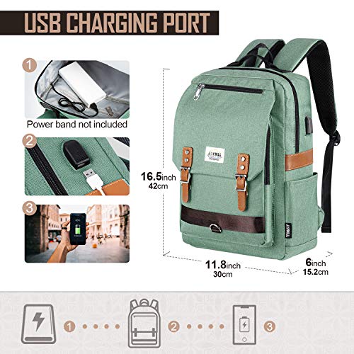 College Vintage Backpack Fashion 15.6" Laptop Rucksack with USB Charging(Green) - Thumbnail 4