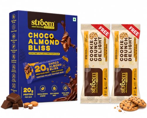 Image of STROOM Centre Filled Protein Bars 20g Protein, Pack of 5+2 (63g Each) | 5 Choco Almond + 2 Cookie Crunch , Source of Iron & Calcium, Natural Anti-oxidants, Asia's First Centre Filled