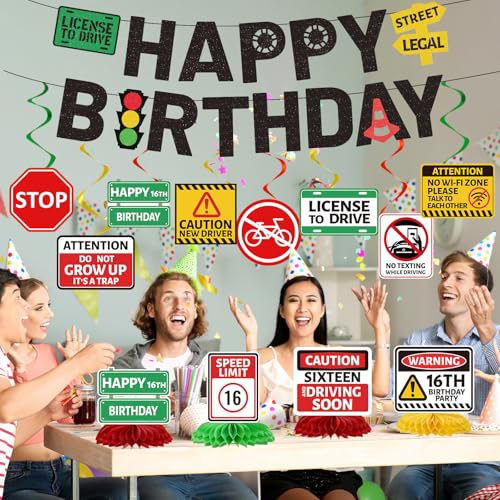 Image of Driver License Birthday Party Decorations - 14PCS 16th Birthday Banner with Hanging Swirls Party Decoration Boys Car Theme Honeycomb Centerpieces Decor for Boys