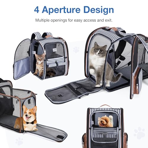 Lekespring Katzen Rucksack Hunderucksack für Große Katzen Hunde bis 12kg, Erweiterbar Faltbare Haustier Rucksack mit Innerer Sicherheitsleine und Haustiermatte, Schlieren -XL