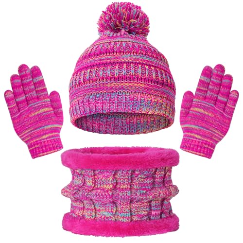 Image of Kids Winter Beanie Hat Scarf Gloves Set for 3-8 Years Old Boys Girls, Thick Warm Knitted Hat Gloves Fleece Lined Scarf Set