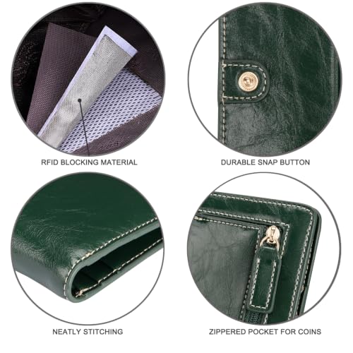 Image of Itslife Women's RFID Blocking Small Compact Bifold Waxed Leather Pocket Wallet Ladies Mini Purse with ID Window (Dark Green)