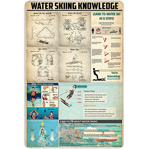 NEGLAI Water Skiing Knowledge Metal Signs Poster, Vintage Decorations Wall Art Decor 16x12 Inches