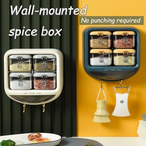 Large Capacity Wall-Mounted Spice Organizer - Clear 4-Cell Condiment Jars with Spoons & Hooks for Seasoning, Salt, and Spice Storage - Kitchen Essential, Space-Saving Solution