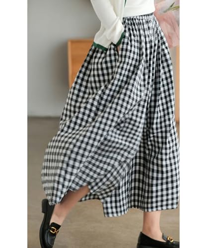 SOMTHRON Women's Summer Cotton Linen Wide Leg Culottes Pants Elastic Waist Plaid Gingham Capri Palazzo Pants3