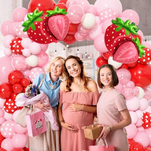 Image of Ouddy Life 171pcs Strawberry Balloons Garland Arch Kit Berry Party Supplies | Red Pink Polka Dot White Strawberry Foil Balloon for Sweet One Girl Baby Shower Berry First Fruit Themed Birthday Supplies