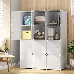 BucketList Portable Closet Wardrobe Cube Wardrobe for Hanging Clothes, Modular Cabinet for Space Saving, Ideal Storage Organizer Cube for Books, Toys, Towels (12 Box White Plain)