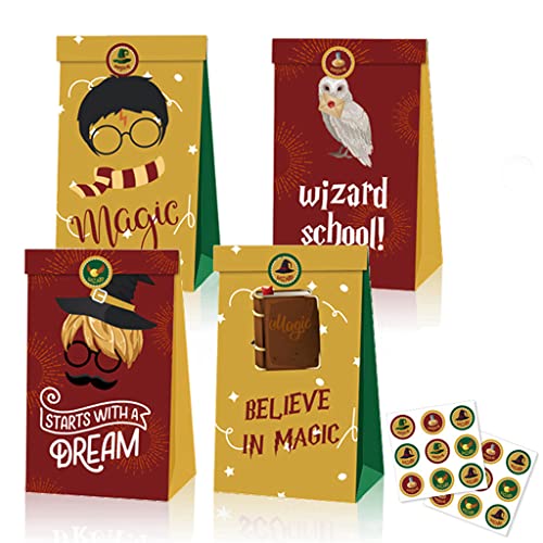 Conruich 12 PCS Harry Potter Geschenktüte Kindergeburtstag, Wizard Party Favor Taschen, Papier Geschenktüten Kinder, Geburtstag Mitgebsel Tüten mit Aufkleber für Geburtstag Mitgebsel Party Supplies Cover