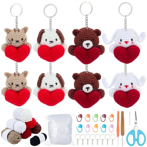 ACRNIGHEET Crochet Kit for Beginners 8 Pcs Little Heart Animals Keychain Crochet Kit Kinitting Kits...