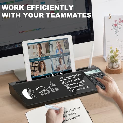 Image of Small Glass Desktop Whiteboard Dry-Erase-Board - Computer Keyboard Stand with Calculator White Board Surface Pad with Drawer, Desk Organizers with Accessories for Office, Home, School Supplies - Black