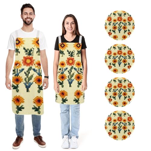 Lot de 2 tabliers de cuisine imperméables réglables homme femme à poches fleurs