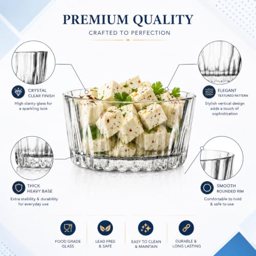 Image of Glassbunny 160ml Crystal Clear Glass Dessert Bowl | Elegant Ribbed Glass Serving Bowl for Ice Cream, Pudding, Custard, Fruits, Snacks & Dry Fruits Thick Durable Pack of 6