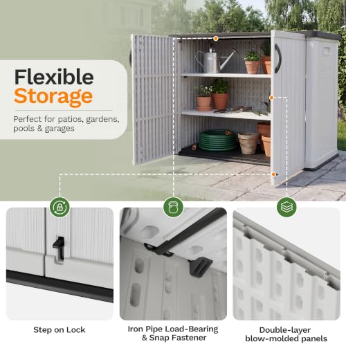 Image of Devoko 26 Cu Ft Resin Outdoor Storage Cabinet with Lockable Doors, White | Horizontal Storage Shed Waterproof Patio Tools Storage Box, Easy to Assemble for Backyards,Patios, Pools, Gardening Tools